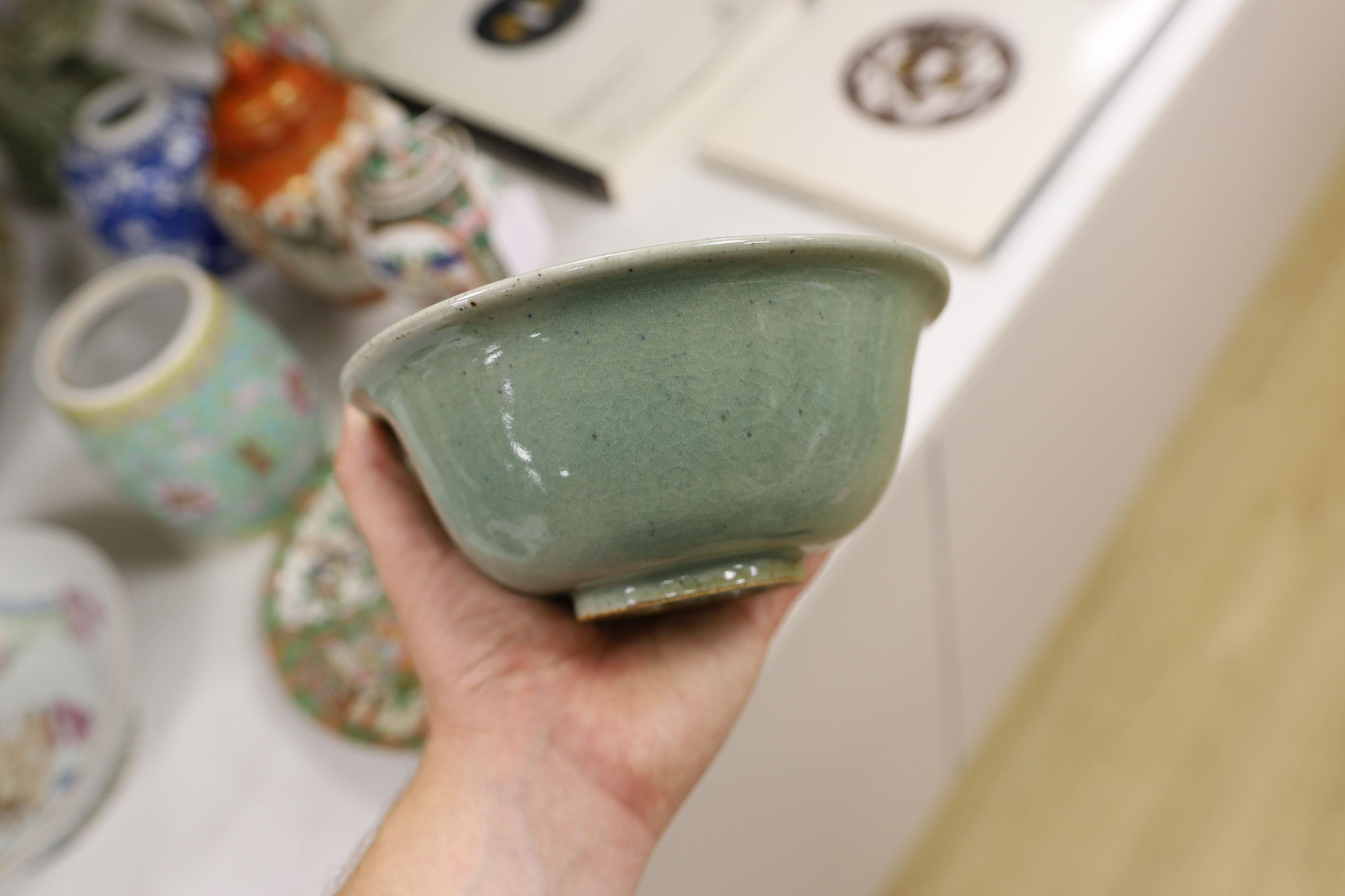 A Chinese famille charger, three vases and a plate, together with other Chinese and Japanese ceramics (13 items), Charger 48 cms diameter